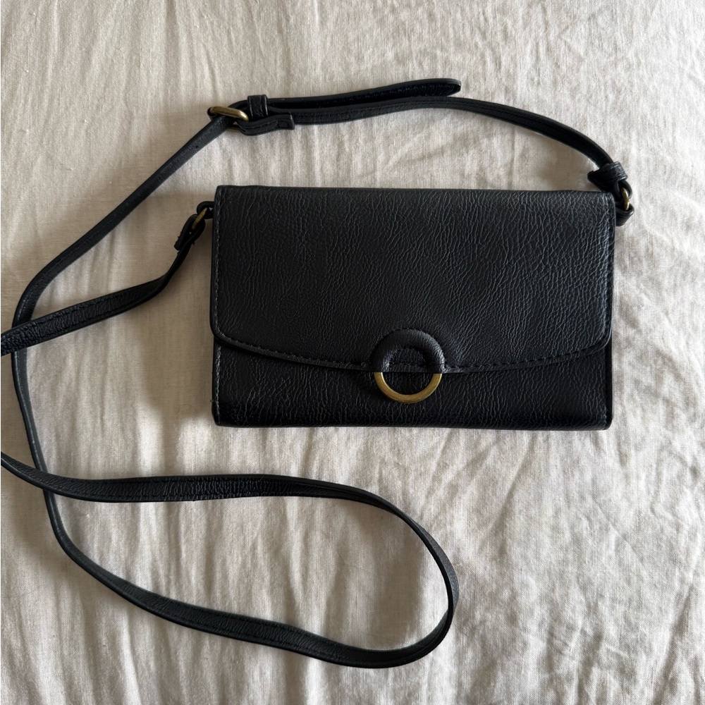 Black Leather Crossbody Bag with Brass Ring Accent